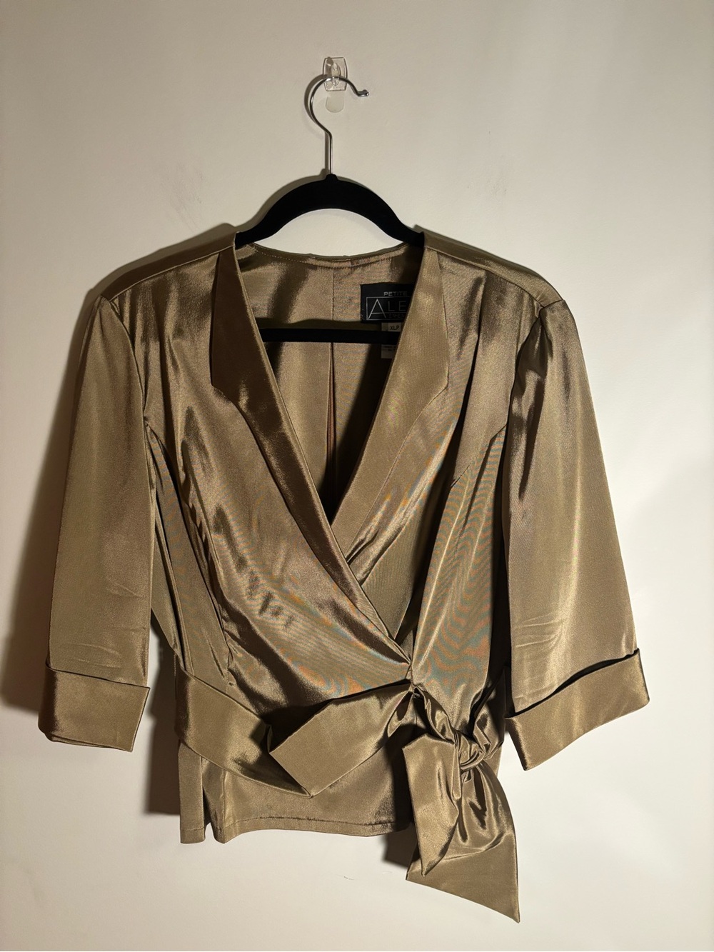 Alex Evenings Satin Wrap Blouse with Side Tie - Olive/Gold